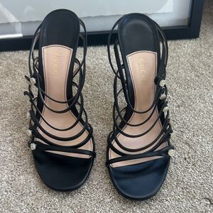 Gucci Marmont Pearl Button Black Strappy Heels - EUC